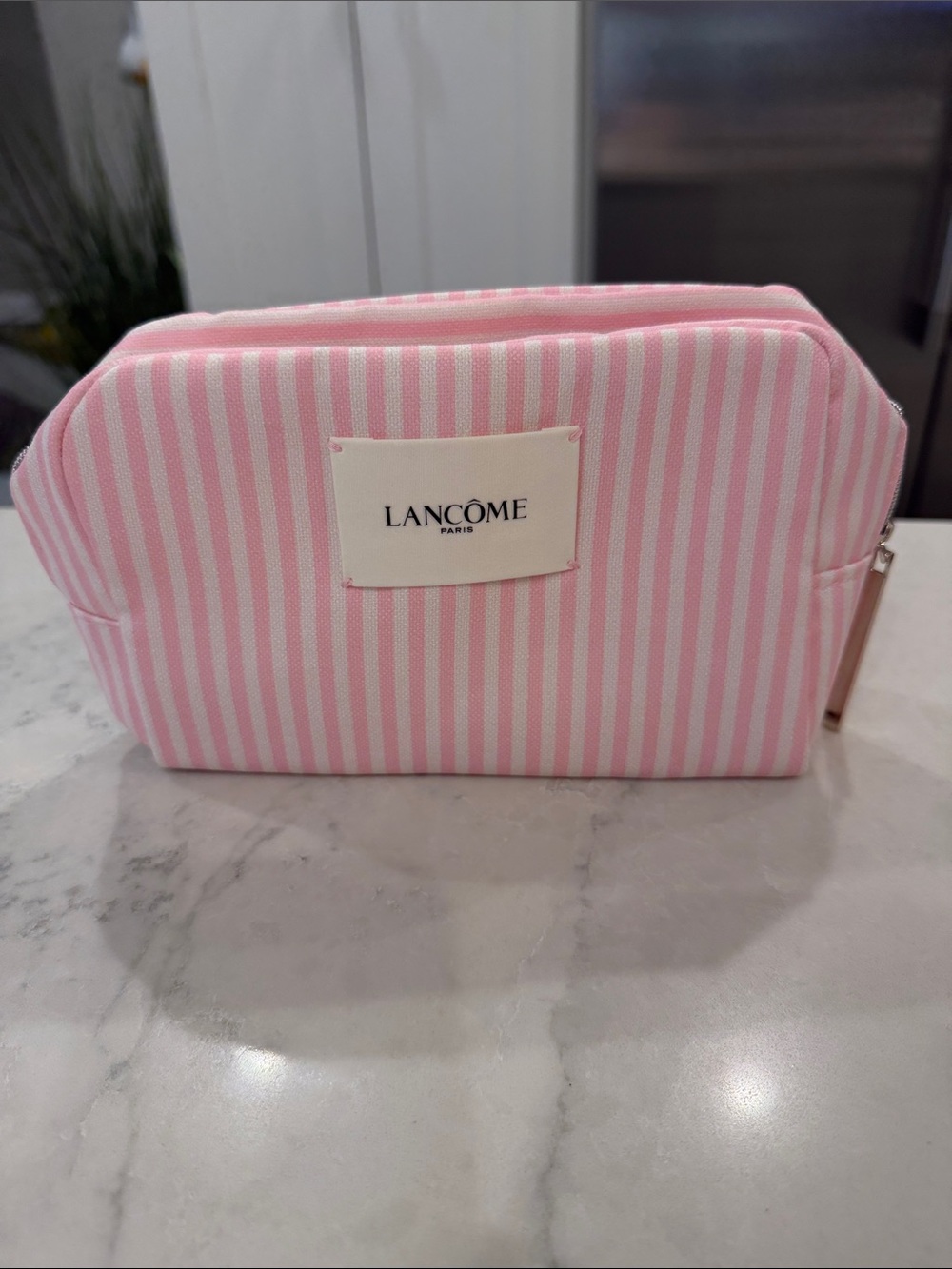 Lancôme Pink and White Striped Cosmetic Bag